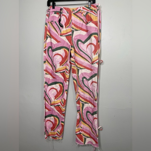 River Island NWT 90s tie back straight jeans in pink Heart print Sz 10 Grunge - Picture 4 of 11